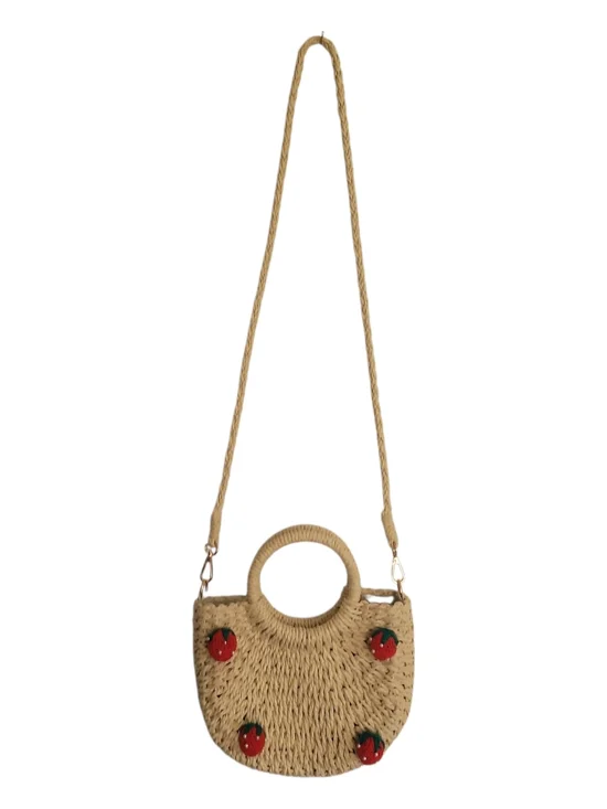 Small Straw Woven Crossbody Bag with Strawberry Embellishments - Natural - Picture 3 of 7